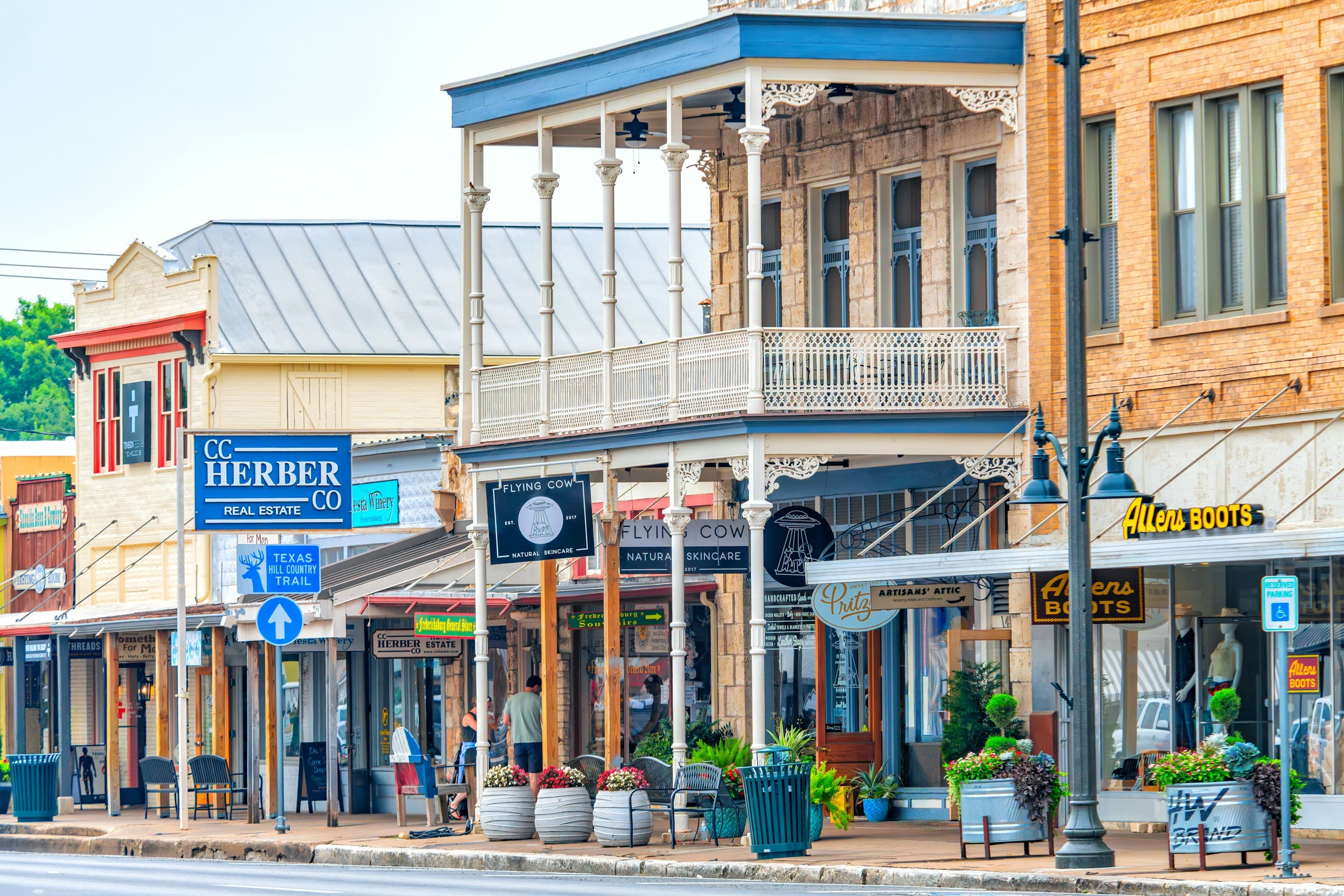 Historic storefronts along a small-town main street